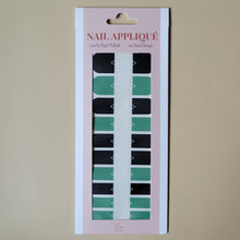 Load image into Gallery viewer, Unique transparent nail wrap with black and green colors and triangle design in the middle
